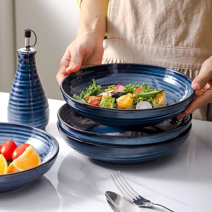 HASENSE Ceramic Pasta Bowls Set of 4, 32 Ounce Salad Serving Bowls for Kitchen, 8.7 inch Large Shallow Bowls for Pasta Salad Dinner Soup, Microwave Dishwasher Safe, Blue