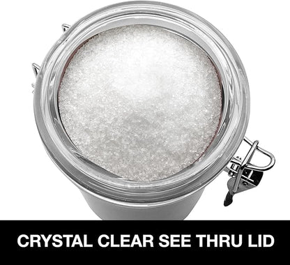 Oggi Stainless Steel Sugar Canister 62 fl oz - Airtight Clamp Lid, Clear See-Thru Top - Ideal Sugar Container for Countertop, Sugar Jar, Bulk Sugar Storage. Large Size 5" x 7.5".