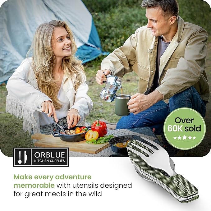 Orblue 4-in-1 Camping Utensils, 1-Pack, Portable Stainless Steel Spoon, Fork, Knife & Bottle Opener Combo Set - Travel, Backpacking Cutlery Multitool Olive Green