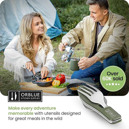 Orblue 4-in-1 Camping Utensils, 1-Pack, Portable Stainless Steel Spoon, Fork, Knife & Bottle Opener Combo Set - Travel, Backpacking Cutlery Multitool Olive Green