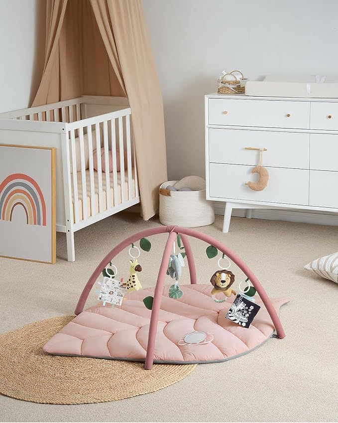Blissful Diary Baby Play Gym & Activity Mat, Oversize Leaf Shaped Tummy Time Baby Play Mat w 6 Detachable Toys Promotes Motor Skills & Sensory Development, Newborn Infant Essentials Gift, Crystal Pink