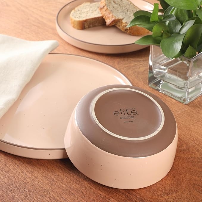 Gibson Elite Northrock Stoneware Dinnerware Set, 16-Piece Service for 4 Plates and Bowls Set – Pink Dishes with Hand-Painted Terracotta Base