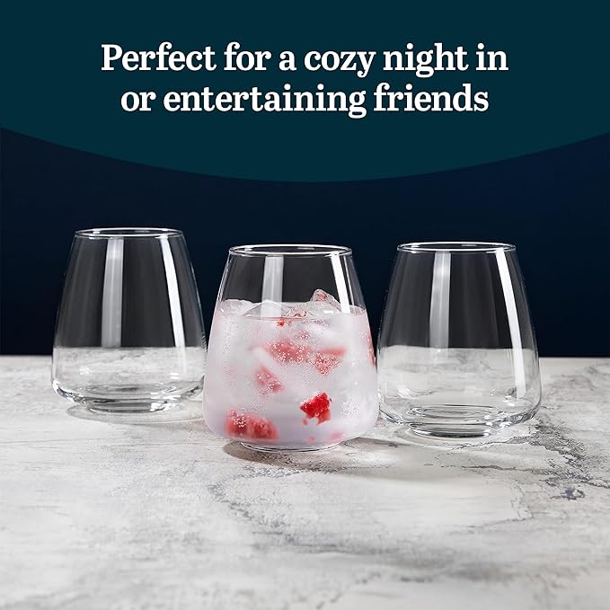 Libbey Stackable Stemless Wine Glasses Set of 6, Tapered Bulb Shaped All Purpose Wine Glass Set, Dishwasher Safe Glass Wine Glasses, Cocktail