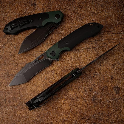 D2 Steel Folding Knife - 9CM Black Tactical Blade, G10 Handle, Pocket Clip - EDC Camping, Survival, Hunting - 60-61HRC, Vacuum Heat Treated, Stonewash Finish
