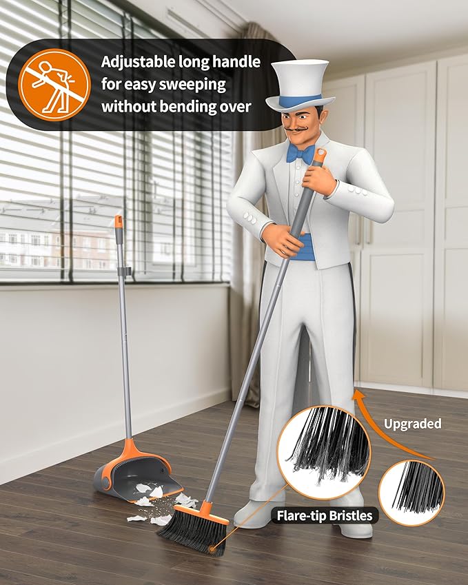 MR.SIGA Broom and Dustpan Set with Long Handle, Stand Upright Broom with Dustpan Combo for Cleaning Office, Garage, Lobby, Lightweight Sweeping Set, 51.7"(131 cm) Long Handle, Gray & Orange