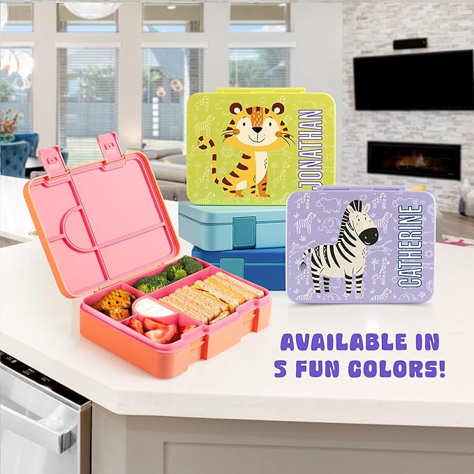 Personalized Bento Box for Kids with Safari Icon and Name - Lilac - 5 Compartments Drop-Proof Bento Box, Dishwasher Safe, Made with BPA-Free Materials, Bento Lunch Box for Kids and Toddlers