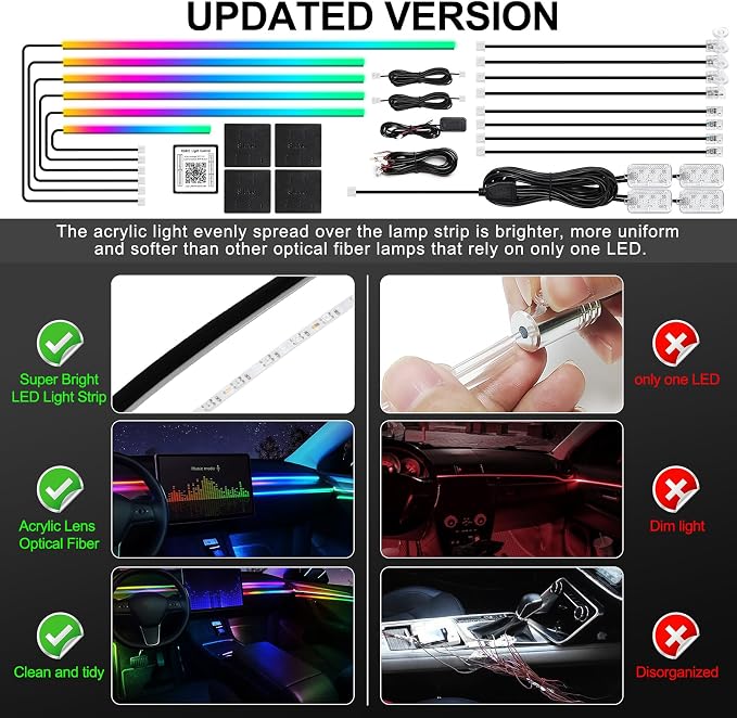 Dreamcolor Acrylic Interior Car LED Strip Light with Wireless APP, RGB 18 in 1 with 175 inches 612 LEDs Fiber Optic Strip Lights for Car, Dual Zone Music Sync Neon Car Ambient Lighting Kits