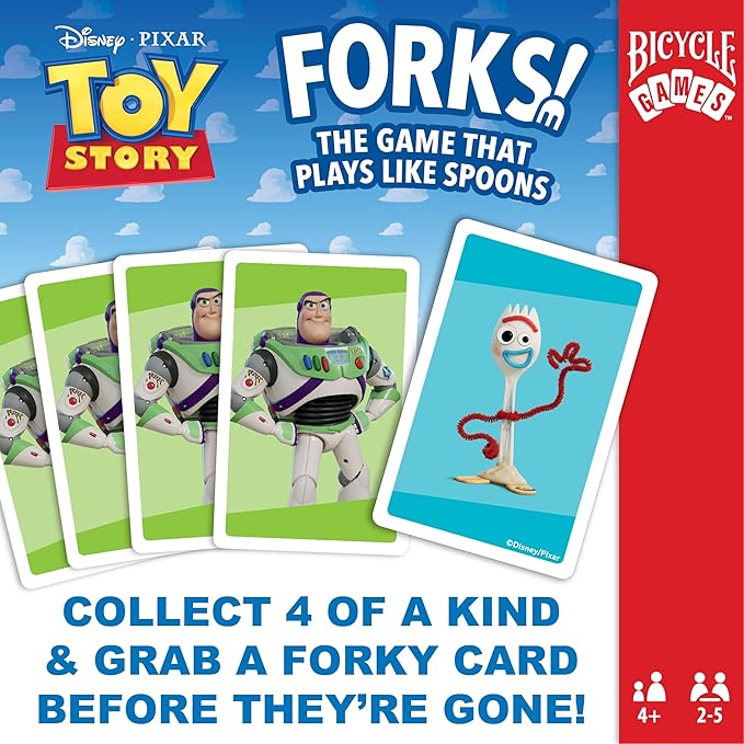 Bicycle Disney and Pixar Forks, Kids Card Game That Plays Like Spoons, Featuring Toy Story Characters Woody, Forky, Jessie & Alien, Ages 4+, 2-5 Players