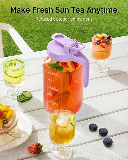 64 oz Glass Pitcher with Lid, Large Wide Mouth Mason Jar with Pour Spout