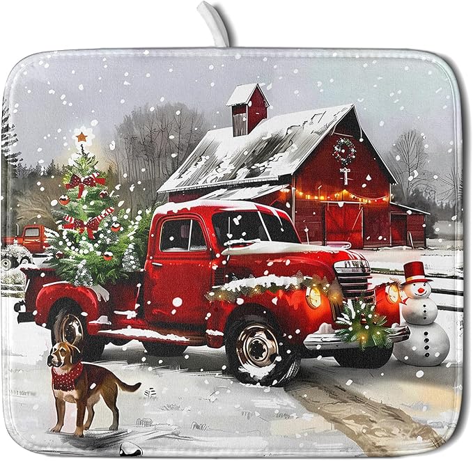 Red Truck Christmas Dish Drying Mat