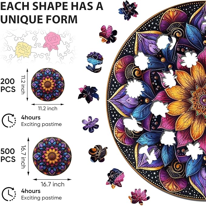 Jiroinlly Wooden Puzzles for Adults, Mandala Jigsaw Puzzles 200 Piece, Unique Shapes Family Reunion Puzzle, Exquisite Packaging, Best Gift for Adults and Kids, Family Game, 11.2x11.2 in