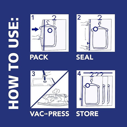 Hefty Shrink-Pak Vacuum Storage Bags - Space Saver for Under Bed Storage, Clothing and Comforters, 3X More Storage Space - 3 Large Hanging Bags