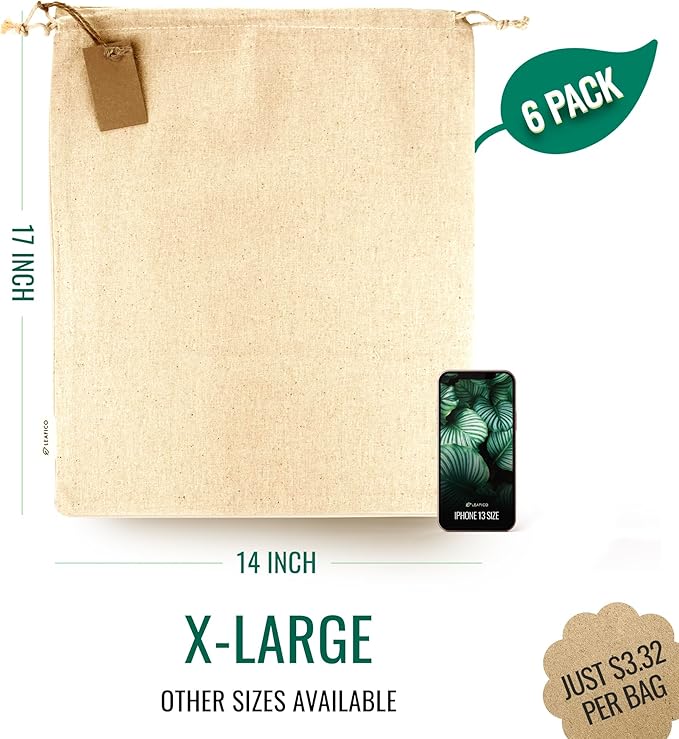 Cotton Storage Bags ??X-Large 14x17 Inch (6-Pack) ??Reusable Muslin Bags with Drawstrings ??Biodegradable Canvas Fabric Sacks ??Perfect for Bread, Bulk Produce, Potatoes, Onions, Shoes