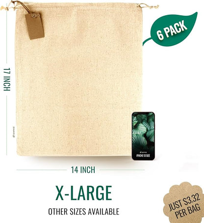 Cotton Storage Bags ??X-Large 14x17 Inch (6-Pack) ??Reusable Muslin Bags with Drawstrings ??Biodegradable Canvas Fabric Sacks ??Perfect for Bread, Bulk Produce, Potatoes, Onions, Shoes