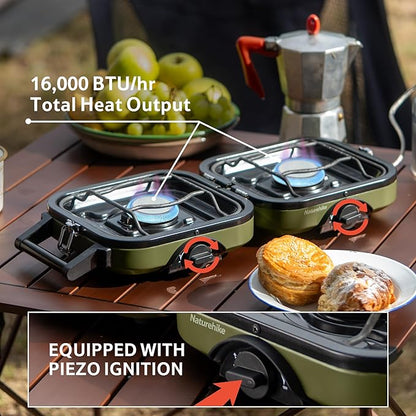 Naturehike 2 Burner Folding Camping Stove, Portable Propane Gas Stove with Carry Bag, 16000 BTU High-Performance Camp Stove with ETL Certification, Adjustable Burners & Piezo Ignition