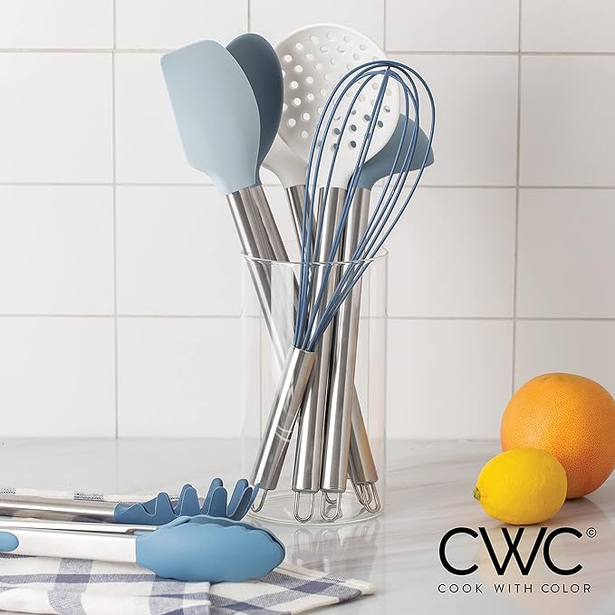 COOK WITH COLOR Silicone Cooking Utensils, Kitchen Utensil Set, Easy to Clean Silicone Kitchen Utensils, Cooking Utensils for Nonstick Cookware, Kitchen Gadgets Set, 10 Pieces, Blue and White