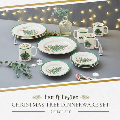 Spode Christmas Tree 12-Piece Dinnerware Set (Service for 4) - Festive Holiday Tableware with Plates & Mugs - Fine Earthenware Christmas Dinnerware - Microwave & Dishwasher Safe