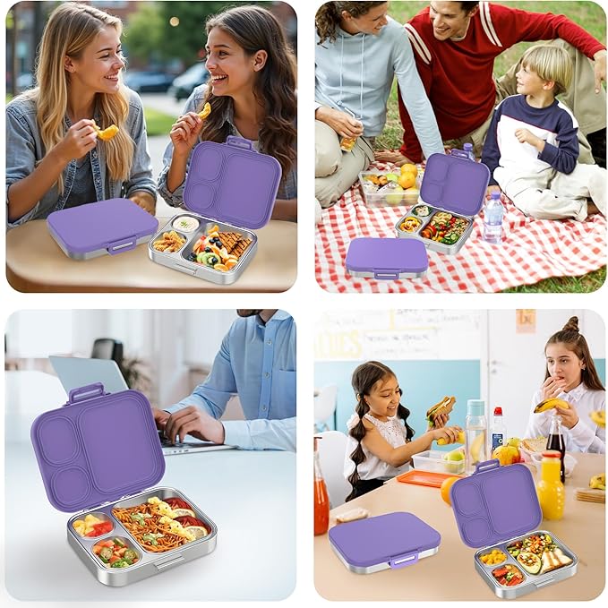 Stainless Steel Bento Lunch Box for Kids | 3-Compartment Lunch Box Container Kids | 100% Leakproof, Eco-Friendly, Perfect Portion Control for Kids&Adult Healthy Meals (Purple)