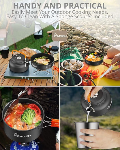 HOMGEN 12-Pieces Ultralight Anodized Aluminum Camping Cookware Set for 2 People - Nesting Pot/Pan with Foldable Handles 800ml Insulated Teapot & Stainless Cups for Camping Hiking