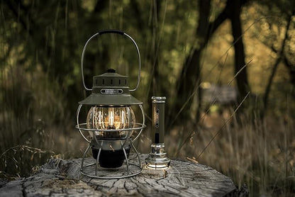 Barebones Railroad Lantern ??Olive Drab, Vintage-Inspired LED Camping Lantern with Rechargeable Battery ??Adjustable Brightness Outdoor Light for Camping Gear, Backyard, and Home Decor