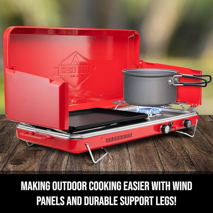 Hike Crew 2-in-1 Gas Camping Stove and Griddle, Portable Propane Burner w/Integrated Igniter & Stainless Drip Tray | Built-in Carrying Handle, Foldable Legs & Wind Panels | Includes Regulator