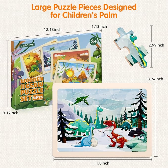 Jigsaw Puzzles Dinosaur Wooden Puzzles for Kids Ages 3-5 Preschool Educational Brain Teaser Boards Toys Four Season Gifts for 3 4 5 6 Year Old Boys Girls 4 Packs 24 Pcs (Dinosaur Theme)