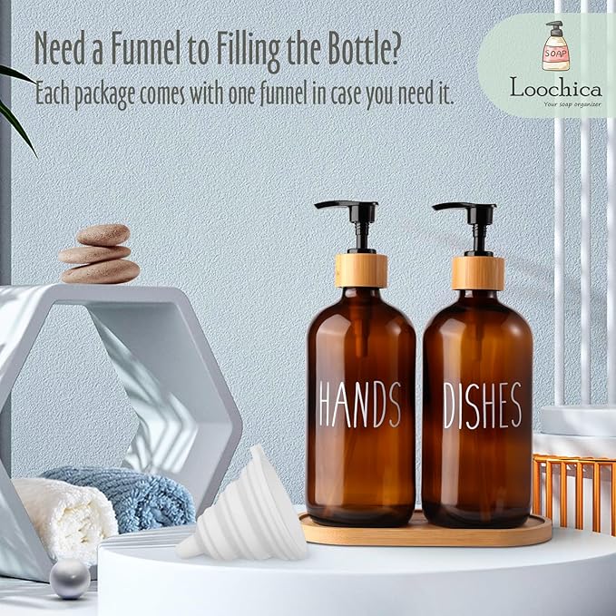 LOOCHICA Amber Glass Soap Dispenser Set