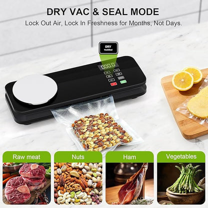 Food Vacuum Sealer Machine, 90KPA with Kitchen Scale, One-Touch Automatic, Multiple Modes, with 10 Sealer Bags and 1 roll, Built-in Cutter, Black