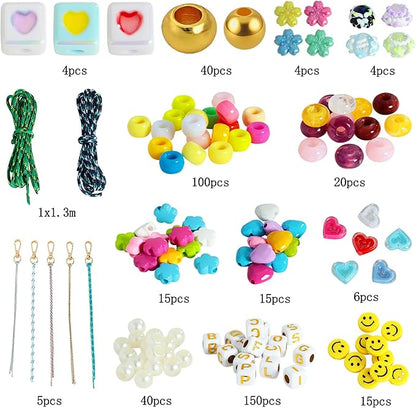 MYCUTEY 421Pcs DIY Keychain Making Kit - Beaded Keychain & Bag Charm Craft Supplies with Colorful Beads, Cords and Acrylic Heart Flower Charms for Kids, Personalized Alphabet A-Z Name Making Kit Gifts