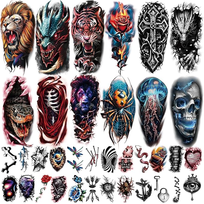 77 Sheets Temporary Tattoo for Women Men, 17 Sheets Half Arm Large 3D Eyes Lion Tiger Spider Fake Tattoos, 60 Sheets Flower Snake Skull Tiny for Adult Kids Cosplay Body Tattoos Stickers Realistic