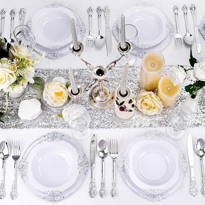 100PCS Silver Plastic Bowls - 12 oz Silver Disposable Salad Bowls - Heavy Duty Disposable Soup Bowl - Fancy Plastic Ice Cream Bowl for Weddings Parties Dinners Picnics