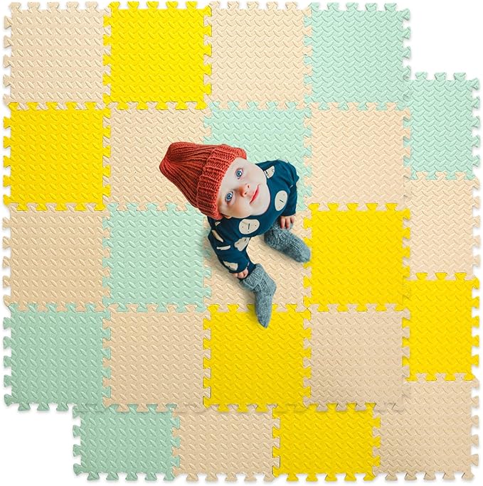 Foam Floor Mats for Kids, 12 x 12 Inch 16 Tiles 0.4" Thickness Foam Play Mat, Non-Toxic Square Interlocking Floor Mats Rubber Baby Play Mat for Toddlers(Beige/Yellow/Bean Green)