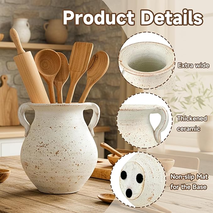 Rustic Kitchen Utensil Holder for Countertop, 7.6x4.9In Large Ceramic Cooking