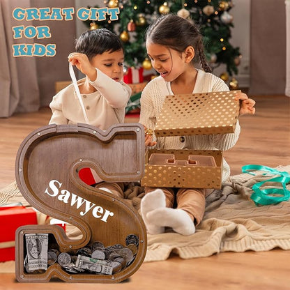 Wooden Letter Piggy Bank for Kids Larger Letter Piggy Bank for Boys and Girls Personalized Piggy Bank Initial Coin Bank Wood Kids Money Bank for Birthday and Festival