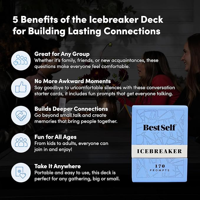 BestSelf Icebreaker Card Deck – 170 Conversation Starters to Spark Meaningful Connections | Ice Breaker Game for Adults, Friends & Couples | Date Night, Team Building & Family Card Game