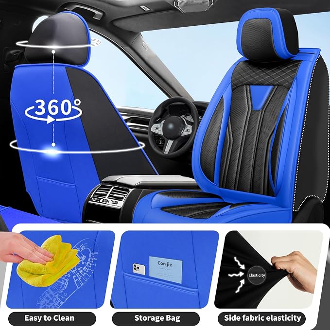 Fit Compass Car Seat Covers for Jeep Compass 2007-2025 2026 -Full Set Premium Leather, Waterproof & Breathable，All-Weather Seat Cushion Protecto & Airbag Compatible, 2 Front Seat Blue & Black