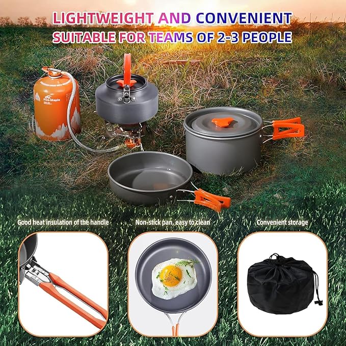 Camping Cooking Set Camping Cookware Outdoor Aluminum Mess Kit with Frying Pan, Pot with Lid, 1.2L Kettle Set and 2 Stainless Steel Plate, 2 Folding Cups and 2 Set Knives Spoons for Backpacking Picnic