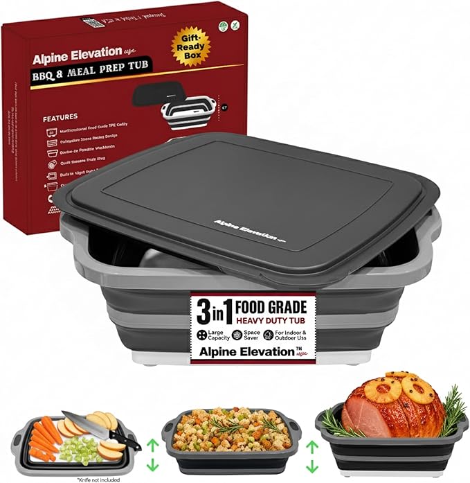Collapsible Large (8L) BBQ Marinating Tub w/Cutting Board | Multipurpose Food-Grade TPE Prep Tub w/Lid | Built-in Colander & Drain Plug - for Camping | Tailgate | Picnic - Slate Black