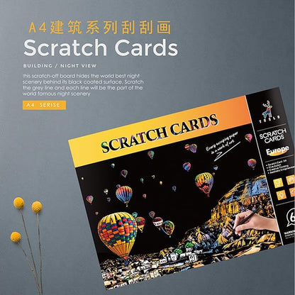 Scratch Art for Adults and Kids-City Landmarks Scratch Painting Craft Kit (8 Sheets A4)|DIY Foil Engraving Art Set|Stress Relief Gift for Travel Lovers,Craft Lovers,Home Decor(America/Europe)