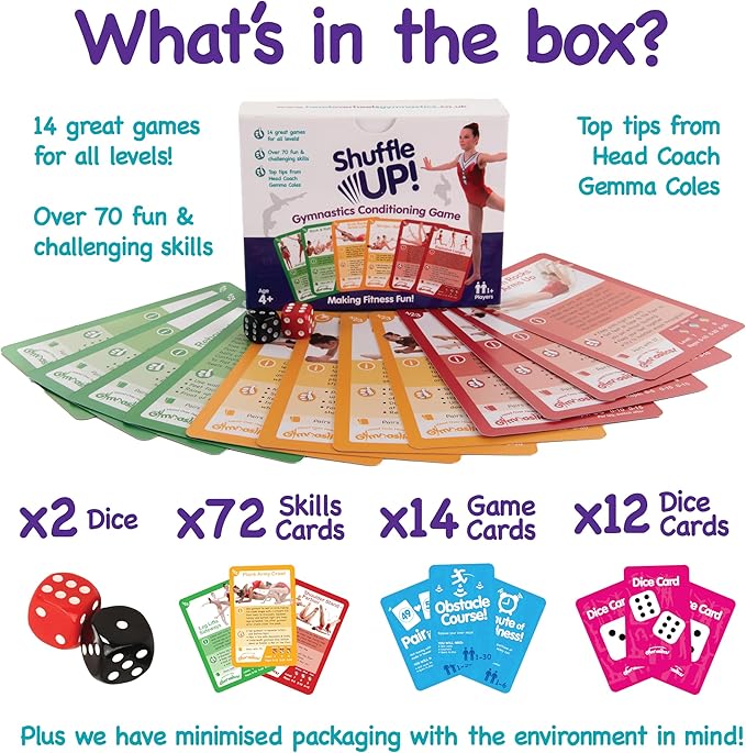 Shuffle Up Gymnastics Card Games - 70+ Fun & Active Skills Cards for Kids, Fitness Cards Develop Fundamentals, Stamina & Strength, Easy to Play for Kids | Multiple Skills Level Cards Include 2 Dices