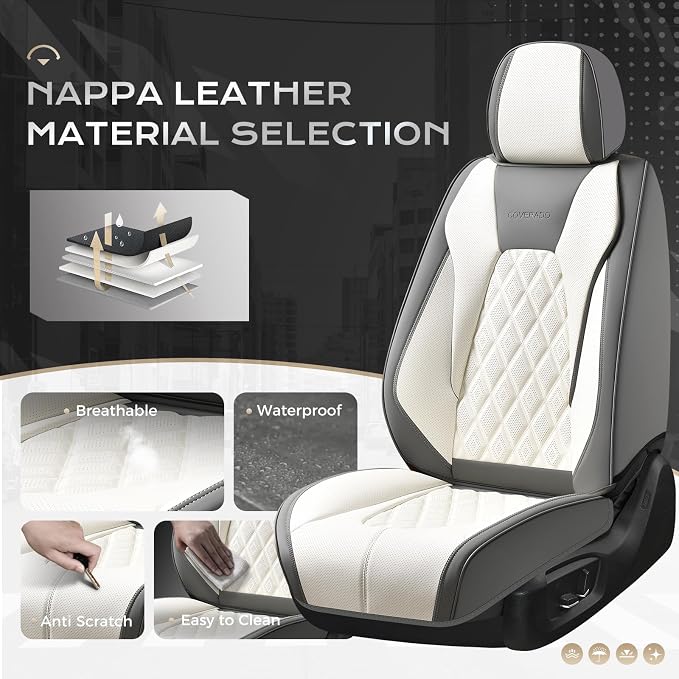 Coverado Front and Back Seat Covers for Cars, 5 Seats Automotive Seat Covers, Faux Leather Car Seat Covers Seat Protectors Car Seat Cushion Carseat Cover Universal Fit for Most Cars Truck - Gray&White