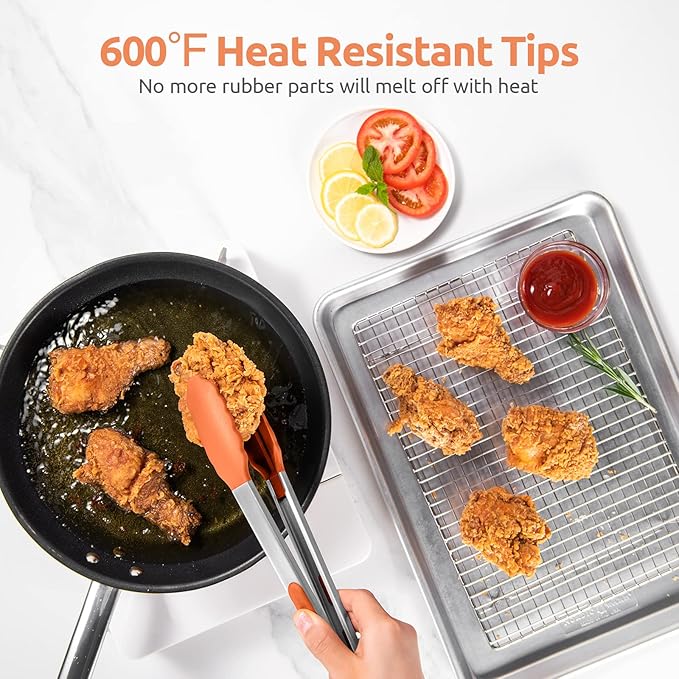 600ºF Heat Resistant Kitchen Tongs: U-Taste 12 inch Large Silicone Cooking Tong with Sturdy Non Stick Rubber Tips & Silicon Coated 18/8 Stainless Steel Handle & Smooth Locking for Serving Grill-Orange