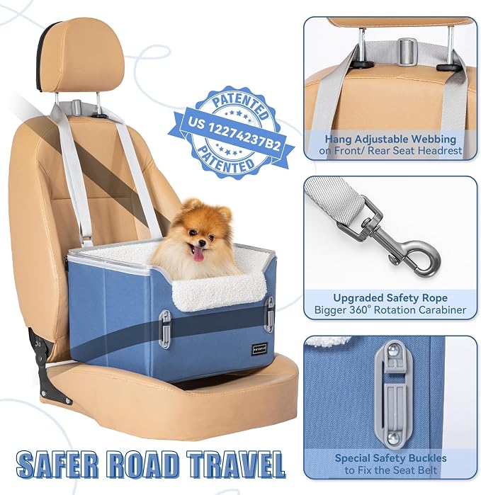 PETSFIT Dog Car Seats for Small Dogs–Patented Safety Buckles–Safety Tether–Foldable Travel Dog Booster Car Seat Reduces Anxiety & Road Trips–Stable Frame, Soft Cushion, Fits Front/Back Seat(Navy Blue)