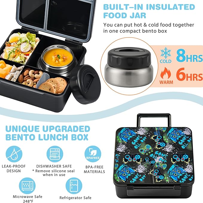Bento Lunch Box with 9.5 oz Soup Thermo, Kids Leakproof 4 Compartments Bento Box with Silicone Cupcake,Fruit Fork,Spoon and Sauce Cup,Insulated Food Jar for School Travel-Game