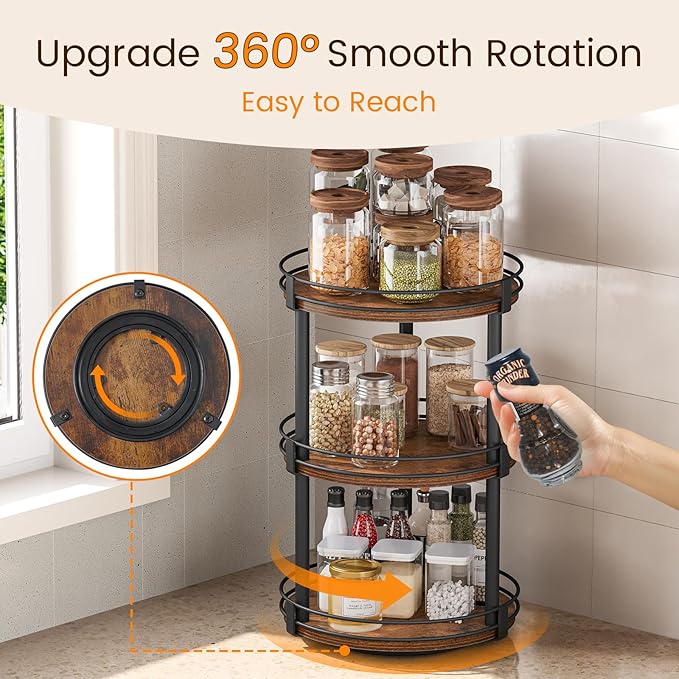 Snughome Lazy Susan Organizer, 3 Tier Rotating Spice Rack, Turntable Lazy Susan