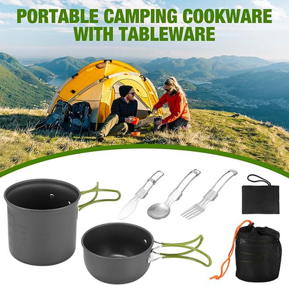 SS SUNSBELL Camping Cooking Set, Non-Stick Camping Pot and Pan Set, Portable Camping Cookware with Foldable Cutlery, 1-2 People Multifunctional Outdoor Cooking Equipment for Hiking, Picnicking