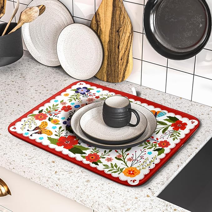 Flowers Printed Dish Drying Mat Floral Coffee Mat