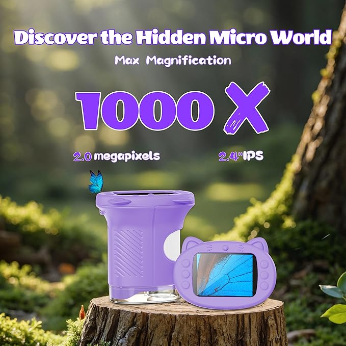 Kids Microscope, 1000X Portable Digital Microscope with 2.4" IPS Screen & 8 LEDs, USB Rechargeable, STEM Educational Science Kit, Great Christmas & Birthday Gift for Children Ages 3-12
