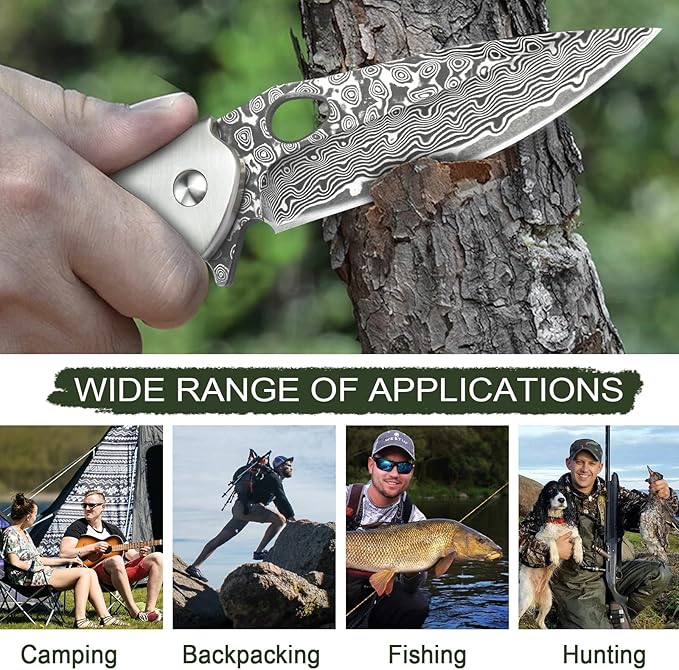 KOMWERO Damascus Pocket Knife for Men, VG10 Core Damascus Steel Folding Knife with Wood Handle, Ball Bearing, Thumb Hole, Liner Lock, Sheath for EDC Outdoor Survival Hunting