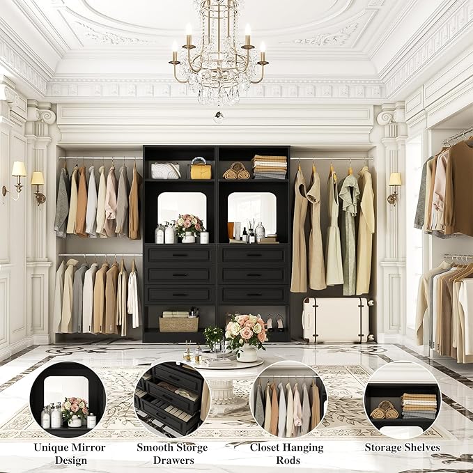 Unikito Closet System with 6 Drawers, 6-14Ft Closet Organizer with Mirror